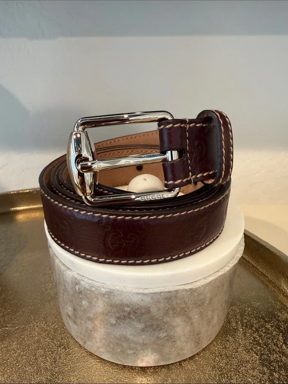 Gucci Brown Leather Belt with Silver-Tone Buckle Size 105- 42
